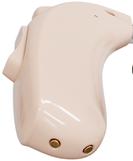 Macro close-up of Audien hearing aid body showing smooth surface and charging contacts

