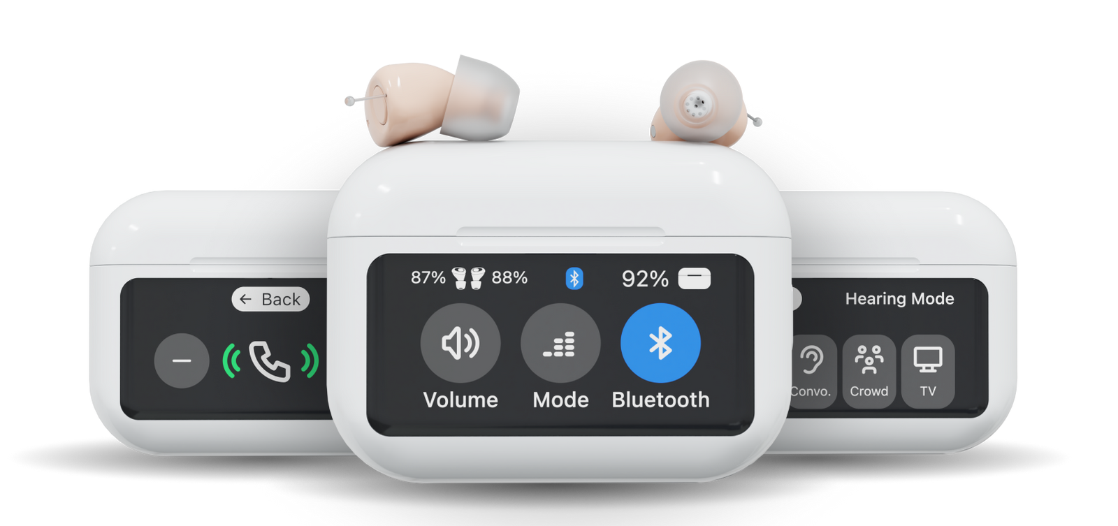 Hearing aid device with control panel on a white background